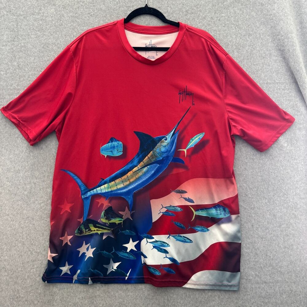 Guy Harvey Men's XXL Fishing Shirt Red USA Flag Patriotic Swordfish Graphic UPF